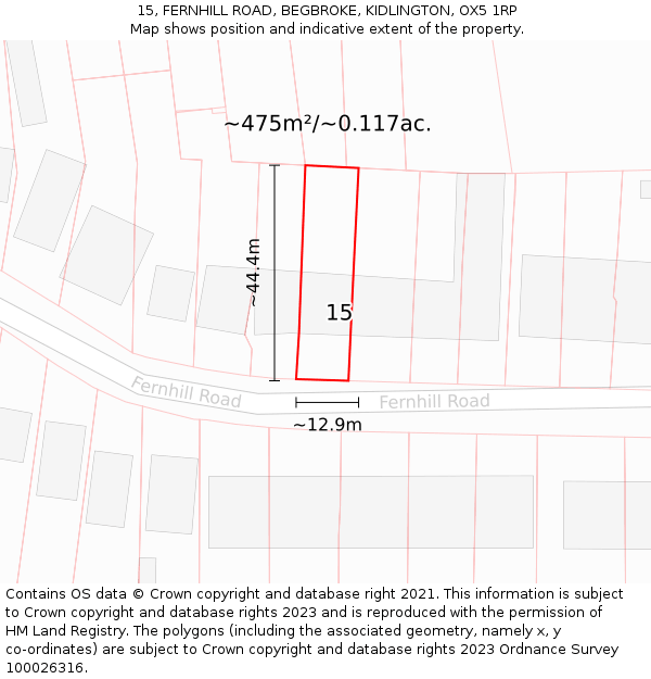 15, FERNHILL ROAD, BEGBROKE, KIDLINGTON, OX5 1RP: Plot and title map