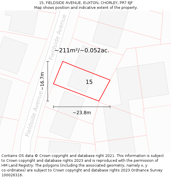 15, FIELDSIDE AVENUE, EUXTON, CHORLEY, PR7 6JF: Plot and title map
