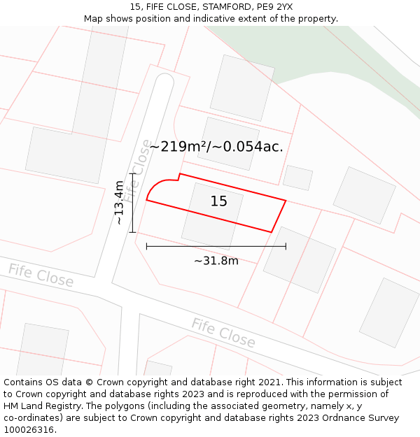 15, FIFE CLOSE, STAMFORD, PE9 2YX: Plot and title map