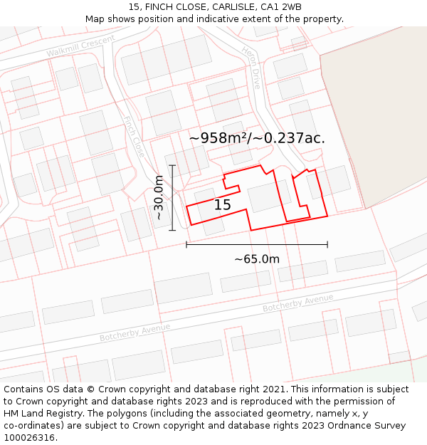 15, FINCH CLOSE, CARLISLE, CA1 2WB: Plot and title map
