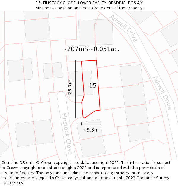 15, FINSTOCK CLOSE, LOWER EARLEY, READING, RG6 4JX: Plot and title map