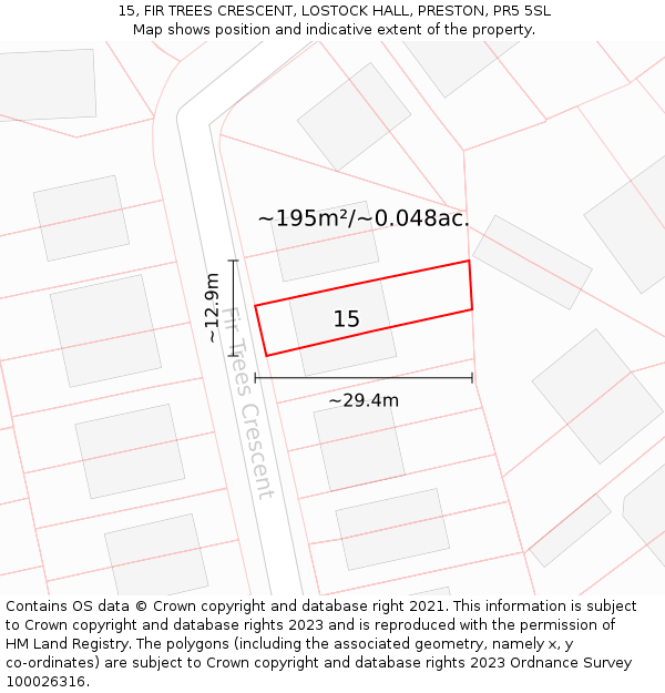 15, FIR TREES CRESCENT, LOSTOCK HALL, PRESTON, PR5 5SL: Plot and title map
