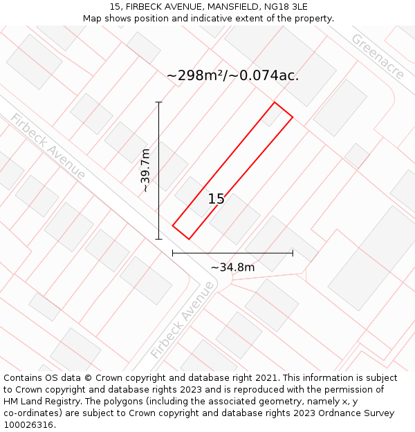15, FIRBECK AVENUE, MANSFIELD, NG18 3LE: Plot and title map