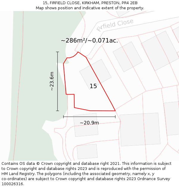 15, FIRFIELD CLOSE, KIRKHAM, PRESTON, PR4 2EB: Plot and title map