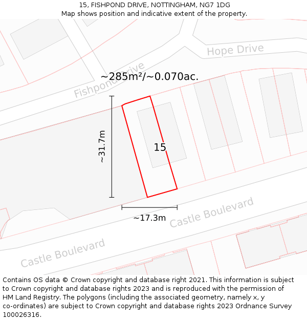 15, FISHPOND DRIVE, NOTTINGHAM, NG7 1DG: Plot and title map