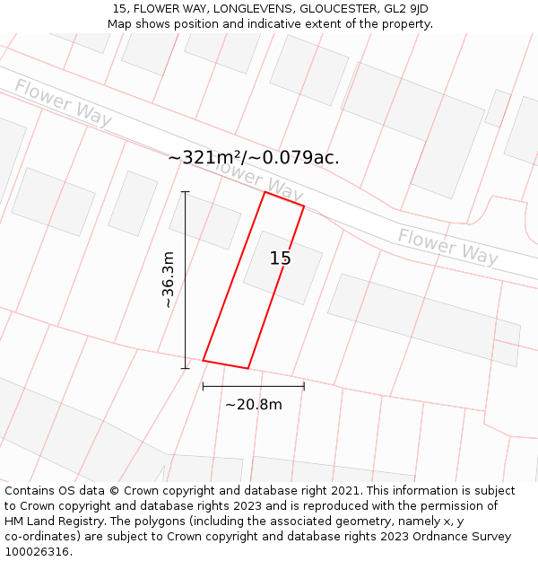 15, FLOWER WAY, LONGLEVENS, GLOUCESTER, GL2 9JD: Plot and title map