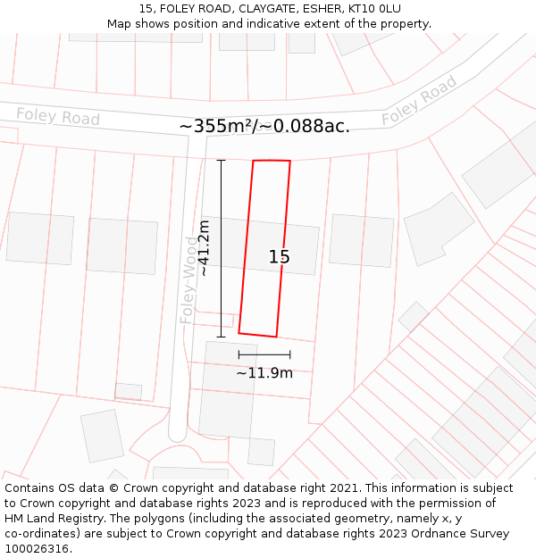 15, FOLEY ROAD, CLAYGATE, ESHER, KT10 0LU: Plot and title map
