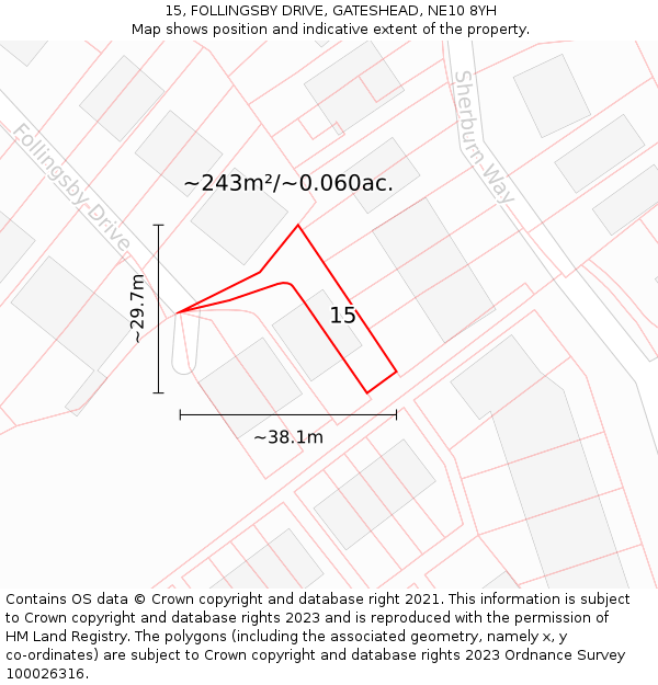 15, FOLLINGSBY DRIVE, GATESHEAD, NE10 8YH: Plot and title map