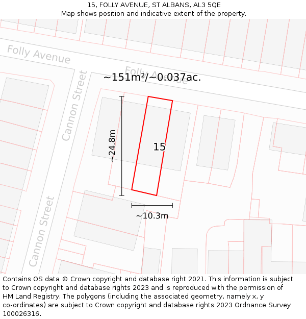 15, FOLLY AVENUE, ST ALBANS, AL3 5QE: Plot and title map