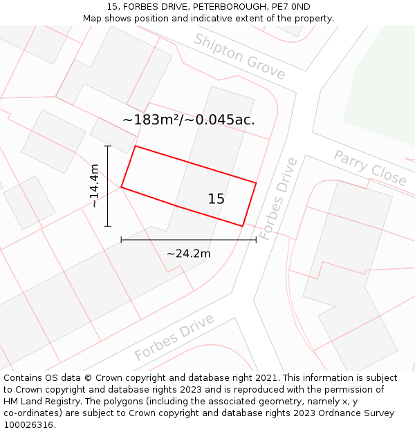 15, FORBES DRIVE, PETERBOROUGH, PE7 0ND: Plot and title map