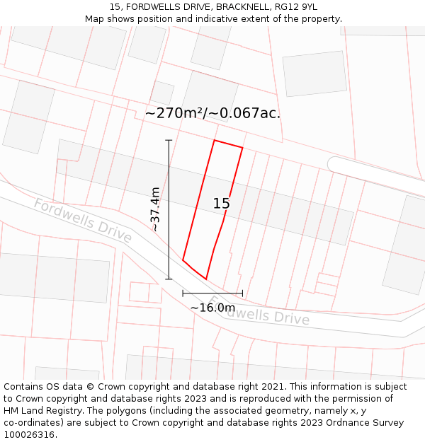 15, FORDWELLS DRIVE, BRACKNELL, RG12 9YL: Plot and title map