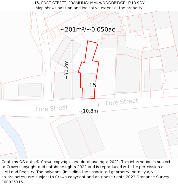 15, FORE STREET, FRAMLINGHAM, WOODBRIDGE, IP13 9DY: Plot and title map