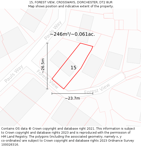 15, FOREST VIEW, CROSSWAYS, DORCHESTER, DT2 8UR: Plot and title map