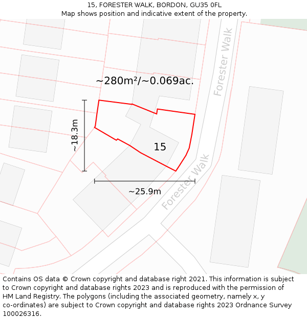 15, FORESTER WALK, BORDON, GU35 0FL: Plot and title map