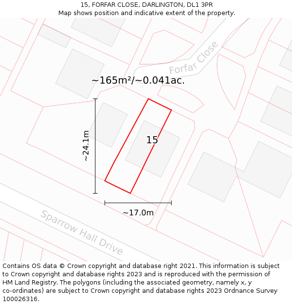 15, FORFAR CLOSE, DARLINGTON, DL1 3PR: Plot and title map