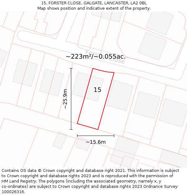 15, FORSTER CLOSE, GALGATE, LANCASTER, LA2 0BL: Plot and title map