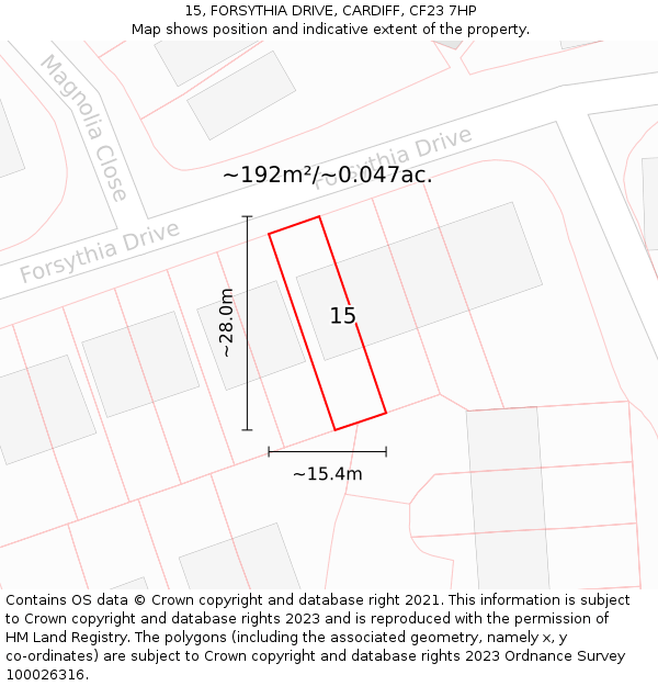15, FORSYTHIA DRIVE, CARDIFF, CF23 7HP: Plot and title map