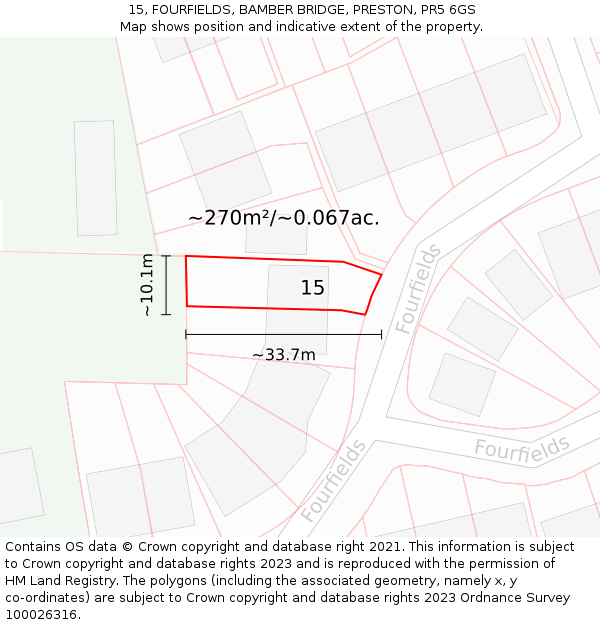 15, FOURFIELDS, BAMBER BRIDGE, PRESTON, PR5 6GS: Plot and title map