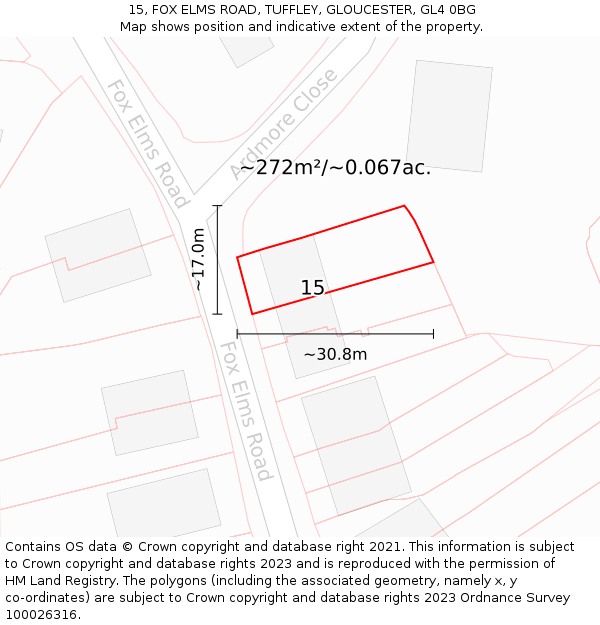 15, FOX ELMS ROAD, TUFFLEY, GLOUCESTER, GL4 0BG: Plot and title map
