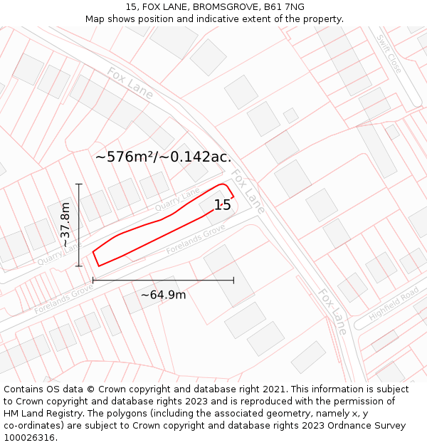 15, FOX LANE, BROMSGROVE, B61 7NG: Plot and title map