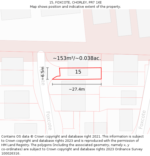 15, FOXCOTE, CHORLEY, PR7 1XE: Plot and title map
