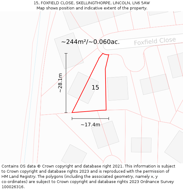 15, FOXFIELD CLOSE, SKELLINGTHORPE, LINCOLN, LN6 5AW: Plot and title map