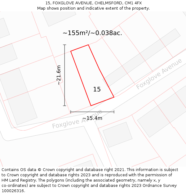 15, FOXGLOVE AVENUE, CHELMSFORD, CM1 4FX: Plot and title map