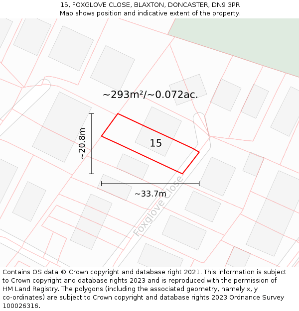 15, FOXGLOVE CLOSE, BLAXTON, DONCASTER, DN9 3PR: Plot and title map