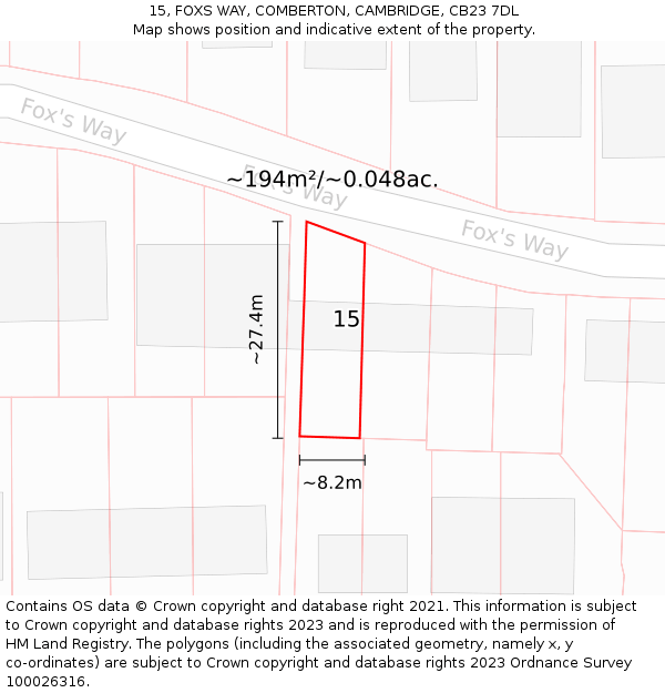 15, FOXS WAY, COMBERTON, CAMBRIDGE, CB23 7DL: Plot and title map