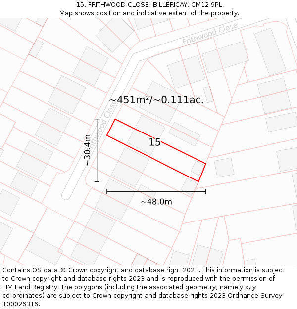 15, FRITHWOOD CLOSE, BILLERICAY, CM12 9PL: Plot and title map