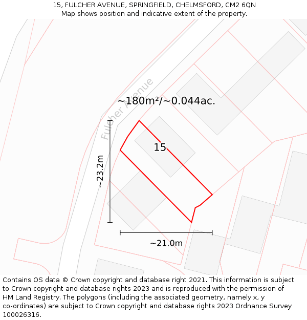 15, FULCHER AVENUE, SPRINGFIELD, CHELMSFORD, CM2 6QN: Plot and title map