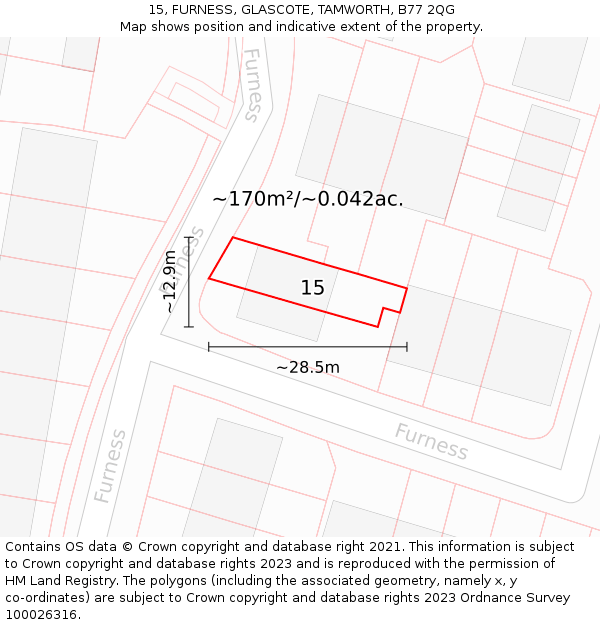 15, FURNESS, GLASCOTE, TAMWORTH, B77 2QG: Plot and title map
