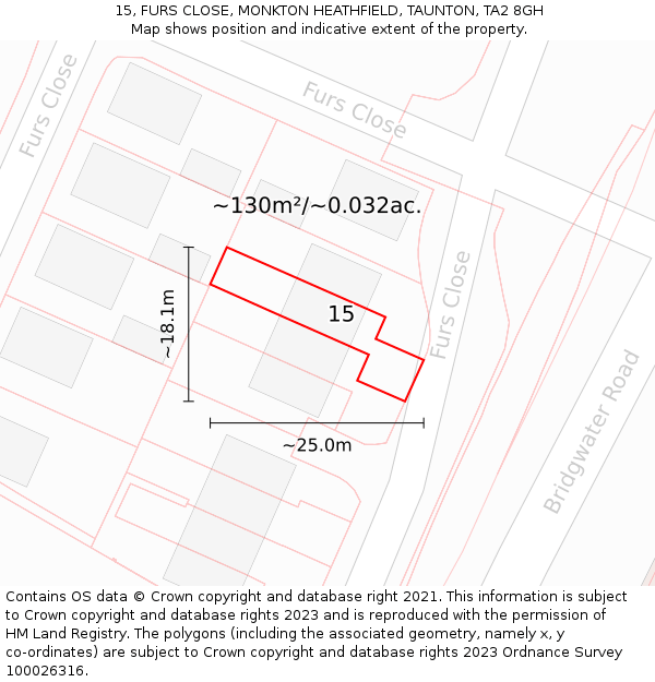 15, FURS CLOSE, MONKTON HEATHFIELD, TAUNTON, TA2 8GH: Plot and title map
