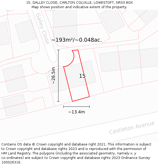 15, GALLEY CLOSE, CARLTON COLVILLE, LOWESTOFT, NR33 8GX: Plot and title map
