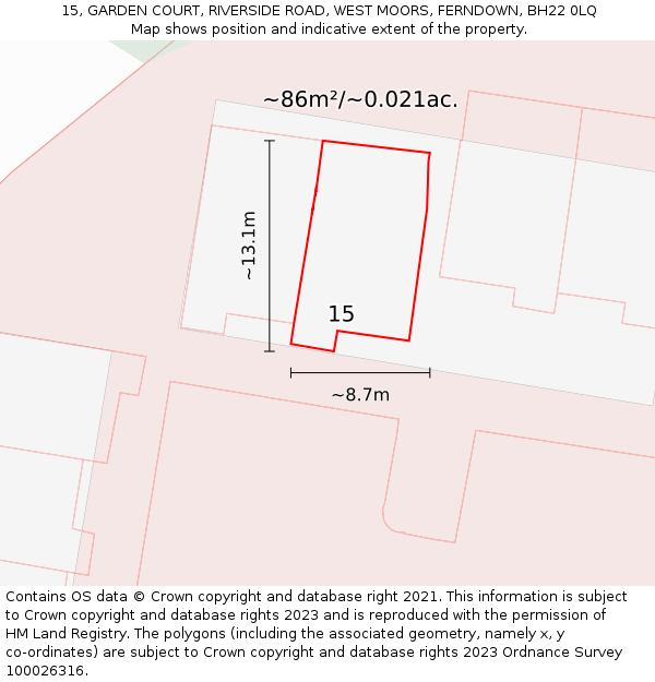 15, GARDEN COURT, RIVERSIDE ROAD, WEST MOORS, FERNDOWN, BH22 0LQ: Plot and title map