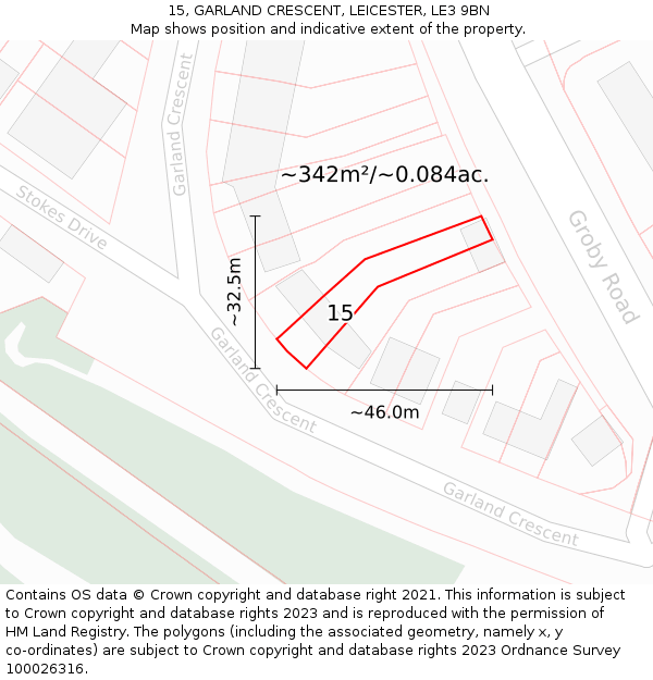 15, GARLAND CRESCENT, LEICESTER, LE3 9BN: Plot and title map