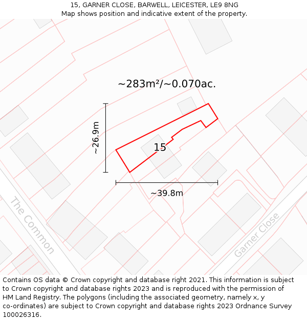 15, GARNER CLOSE, BARWELL, LEICESTER, LE9 8NG: Plot and title map