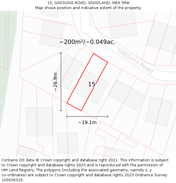 15, GASSONS ROAD, SNODLAND, ME6 5RW: Plot and title map