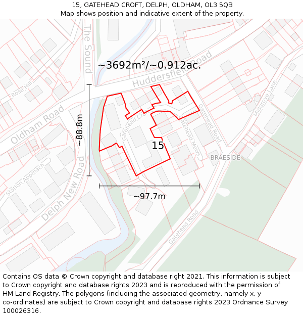 15, GATEHEAD CROFT, DELPH, OLDHAM, OL3 5QB: Plot and title map