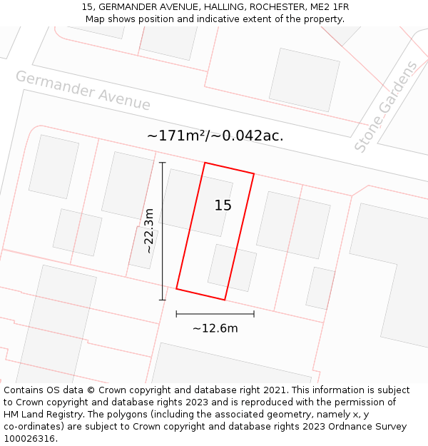 15, GERMANDER AVENUE, HALLING, ROCHESTER, ME2 1FR: Plot and title map