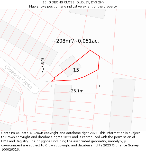 15, GIDEONS CLOSE, DUDLEY, DY3 2HY: Plot and title map
