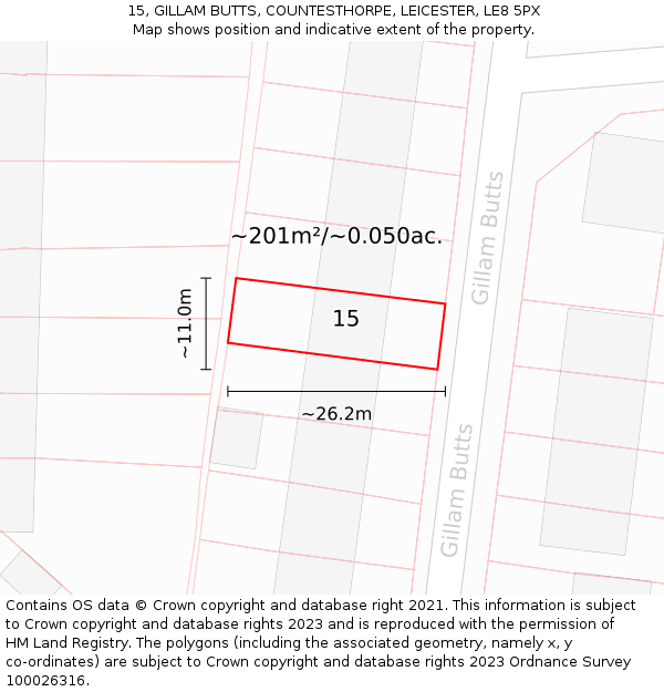15, GILLAM BUTTS, COUNTESTHORPE, LEICESTER, LE8 5PX: Plot and title map