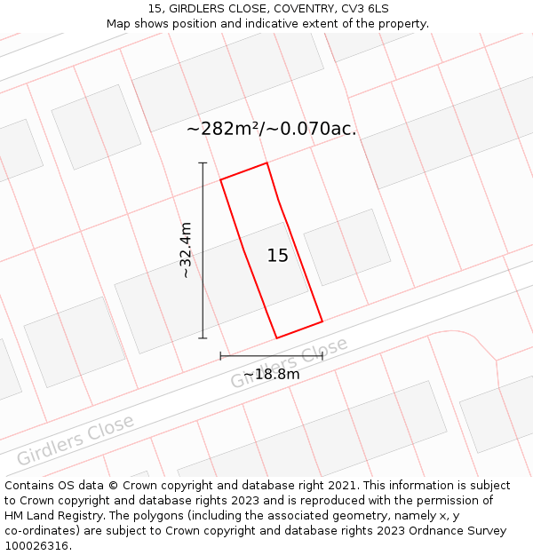 15, GIRDLERS CLOSE, COVENTRY, CV3 6LS: Plot and title map