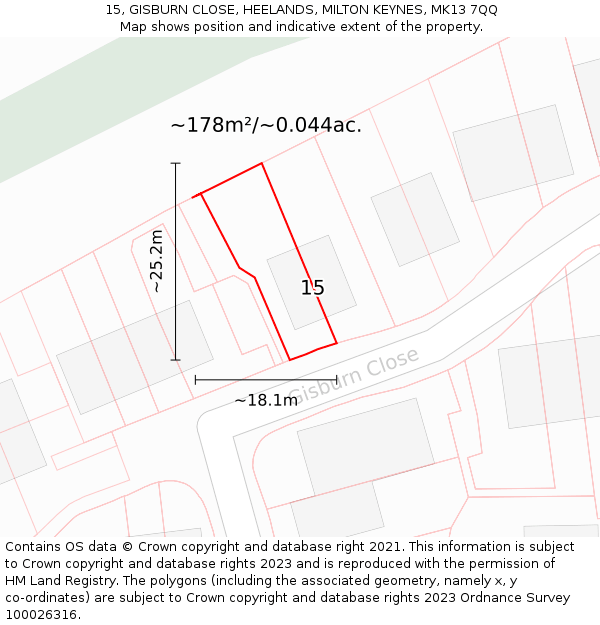 15, GISBURN CLOSE, HEELANDS, MILTON KEYNES, MK13 7QQ: Plot and title map