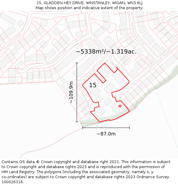 15, GLADDEN HEY DRIVE, WINSTANLEY, WIGAN, WN3 6LJ: Plot and title map