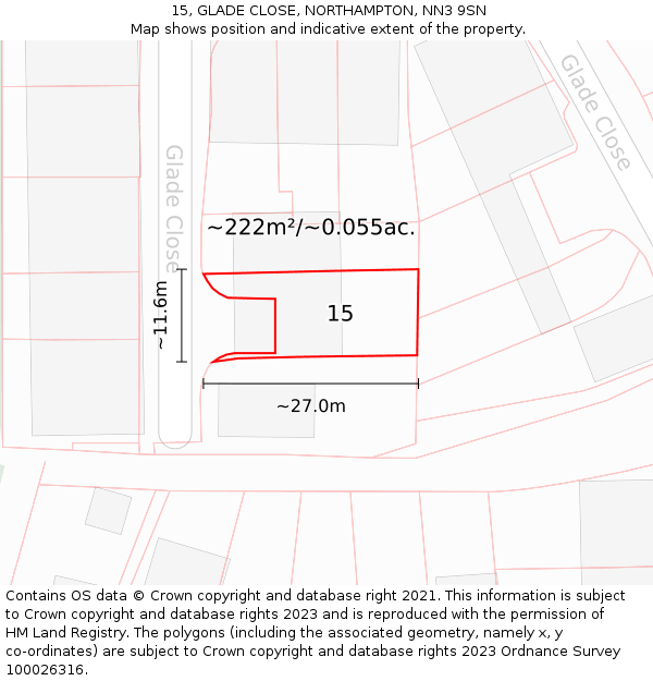 15, GLADE CLOSE, NORTHAMPTON, NN3 9SN: Plot and title map