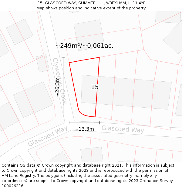 15, GLASCOED WAY, SUMMERHILL, WREXHAM, LL11 4YP: Plot and title map