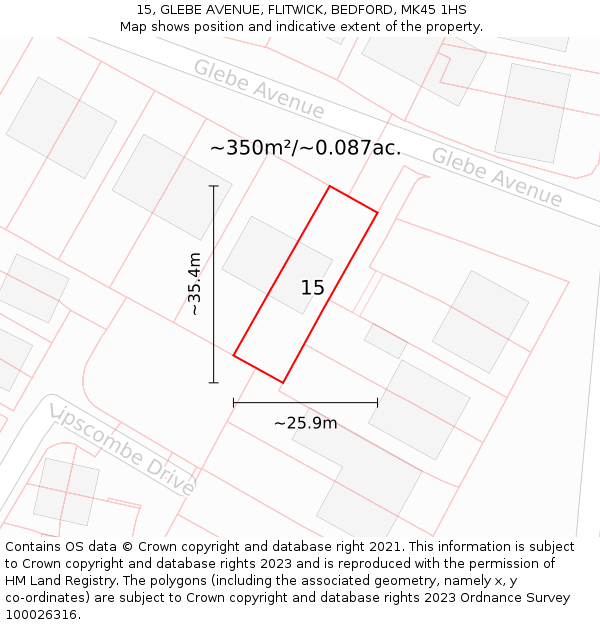 15, GLEBE AVENUE, FLITWICK, BEDFORD, MK45 1HS: Plot and title map