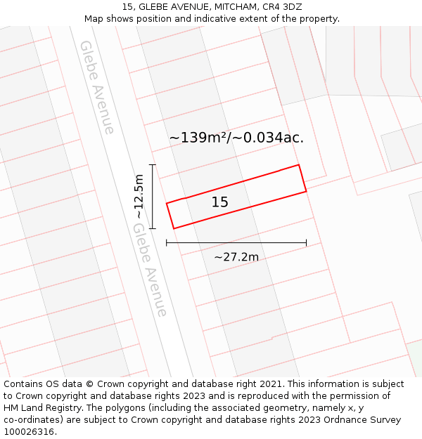 15, GLEBE AVENUE, MITCHAM, CR4 3DZ: Plot and title map