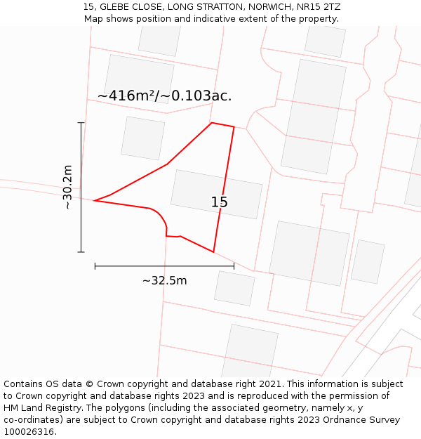 15, GLEBE CLOSE, LONG STRATTON, NORWICH, NR15 2TZ: Plot and title map